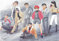 Rule 34 | 1980s (style), 3girls, 5boys, absurdres, adjusting eyewear, black hair, blunt bangs, boots, business suit, casual, character name, copyright name, cropped jacket, crossed arms, earrings, formal, gotou kiichi, grin, hand on own knee, hands in pockets, hat, head rest, highres, hood, hoodie, izumi noa, jacket, jewelry, kanuka clancy, kidou keisatsu patlabor, knee boots, kumagami takeo, lab coat, legs apart, long hair, long sleeves, looking at viewer, multiple boys, multiple girls, necktie, official art, oldschool, oota isao, open clothes, open jacket, painting (medium), plaid, plaid scarf, poster (medium), red hair, red headwear, retro artstyle, scan, scarf, shinohara asuma, shinshi mikiyasu, short hair, shorts, pants, smile, squatting, standing, suit, takada akemi, traditional media, watercolor (medium), yamazaki hiromi