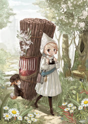 Rule 34 | 1girl, animal, axe, bad id, bad pixiv id, banner, belt, blonde hair, box, brown eyes, clothed animal, daisy, dress, dutch cap, european clothes, flask, flower, forest, fox, gokuma, hood, jacket, nature, open mouth, original, pantyhose, path, road, rope, short hair, smile, traditional clothes, tree, weapon