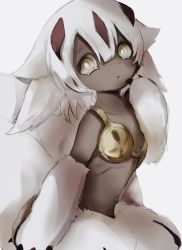 Rule 34 | 1girl, faputa, female focus, fur, made in abyss, monster girl, navel, outie navel, simple background, solo, umi (umiusagi27), white background, white hair