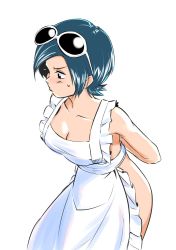 Rule 34 | 1girl, apron, arms behind back, blue hair, bottomless, breasts, cleavage, highres, looking away, mahha warabi, may lee, naked apron, simple background, solo, sunglasses, sunglasses on head, swept bangs, the king of fighters, white background