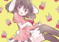 Rule 34 | 1girl, animal ears, brown hair, carrot necklace, cupcake, dress, food, inaba tewi, jewelry, nagi (nagito), necklace, pantyhose, pink dress, print pantyhose, rabbit ears, rabbit girl, rabbit tail, red eyes, solo, tail, touhou