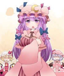 Rule 34 | 3girls, ascot, bad id, bad pixiv id, bat wings, blonde hair, breast envy, commentary request, crescent, crystal, female focus, flandre scarlet, hammer (sunset beach), hat, hat ribbon, laevatein, long hair, long sleeves, mob cap, multiple girls, open mouth, patchouli knowledge, puffy sleeves, purple eyes, purple hair, remilia scarlet, ribbon, short hair, short sleeves, side ponytail, spear the gungnir, standing, touhou, weapon, wide sleeves, wings, wrist cuffs
