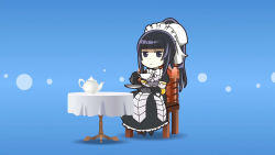 Rule 34 | 1girl, black hair, chibi, looking at viewer, maid, narberal gamma, overlord (maruyama), ponytail, sitting, solo, table, tea set