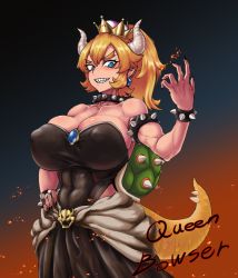 Rule 34 | 1girl, abs, bare shoulders, black leotard, black nails, black skirt, blonde hair, blue eyes, blue gemstone, blush, bowsette, breasts, brooch, character name, cleavage, collarbone, commentary, covered erect nipples, cowboy shot, earrings, embers, exabyte (parallax05), fingernails, gem, gradient sky, grin, hair between eyes, hand on own hip, highleg, highleg leotard, hip focus, horns, huge breasts, impossible clothes, impossible leotard, jewelry, leotard, long hair, long skirt, looking at viewer, mario (series), muscular, muscular female, nail polish, new super mario bros. u deluxe, night, night sky, nintendo, pointy ears, ponytail, sharp fingernails, sharp teeth, shiny clothes, shiny skin, sidelocks, skindentation, skirt, sky, smile, solo, spiked shell, spiked tail, standing, strapless, strapless leotard, super crown, tail, teeth, thighs, waist cape