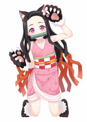 Rule 34 | 1girl, animal ear fluff, animal ears, animal hands, arm up, arms up, atg (wttoo0202), bit gag, black footwear, black gloves, black hair, cat ears, cat girl, checkered sash, claw pose, commentary request, forehead, gag, gagged, gloves, gradient hair, highres, japanese clothes, kamado nezuko, kimetsu no yaiba, kimono, kneeling, long hair, mouth hold, multicolored hair, obi, paw gloves, paw shoes, pink eyes, pink kimono, red hair, sash, shoes, simple background, sleeveless, sleeveless kimono, solo, white background