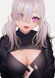 Rule 34 | 1girl, black sweater, breasts, cleavage cutout, clothing cutout, gomo, grey hair, hair ornament, hair over one eye, highres, large breasts, long hair, long sleeves, mole, mole under eye, nijisanji, open mouth, purple eyes, simple background, solo, sukoya kana, sweater, twintails, virtual youtuber, white background, x hair ornament