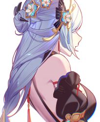 Rule 34 | 1girl, backless dress, backless outfit, bare back, bare shoulders, black dress, breasts, commentary, detached sleeves, dress, genshin impact, grey hair, hair bun, highres, jesse (pixiv34586727), large breasts, official alternate costume, puffy sleeves, shenhe (frostflower dew) (genshin impact), shenhe (genshin impact), simple background, solo, upper body, white background