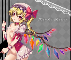 Rule 34 | 1girl, blonde hair, blush, bottomless, breasts, character name, collar, flandre scarlet, hat, kumao mofumofu, lock, long hair, looking at viewer, nipples, open clothes, open shirt, pussy, red eyes, red thighhighs, shirt, side ponytail, small breasts, solo, thighhighs, touhou, wings, wrist cuffs