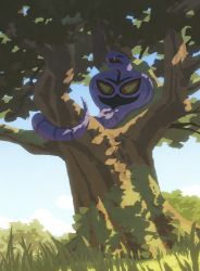 Rule 34 | absurdres, arbok, cloud, creatures (company), day, closed eyes, fangs, game freak, gen 1 pokemon, grass, highres, hyogonosuke, in tree, nintendo, no humans, open mouth, outdoors, pokemon, pokemon (creature), sky, sleeping, snake, solo, tree