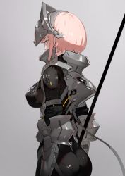 Rule 34 | 1girl, armor, ass, bodysuit, breasts, commentary request, falslander, from side, gauntlets, gorget, gradient background, grey background, helmet, lanze reiter (neco), large breasts, neco, original, pink eyes, pink hair, polearm, profile, short hair with long locks, sidelocks, simple background, solo, weapon