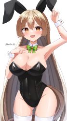 Rule 34 | 1girl, absurdres, bare shoulders, black leotard, bow, bowtie, breasts, brown hair, cleavage, commentary request, cowboy shot, detached collar, ear covers, gluteal fold, green bow, green bowtie, hair between eyes, highres, horse girl, horse tail, large breasts, leotard, long hair, looking at viewer, lryutanl, multicolored hair, nontraditional playboy bunny, open mouth, satono diamond (umamusume), smile, solo, strapless, strapless leotard, streaked hair, tail, thighhighs, umamusume, very long hair, white hair, white thighhighs, wrist cuffs, yellow eyes