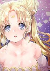 1girl, bangs, bare shoulders, bishoujo senshi sailor moon, blonde hair, blue eyes, breasts, cleavage, collarbone, crescent facial mark, double bun, earrings, facial mark, forehead mark, hair ornament, hairpin, jewelry, large breasts, long hair, looking at viewer, mamemix, open mouth, parted bangs, princess serenity, purple background, solo, tears, tsukino usagi, twintails, upper body
