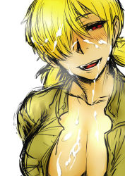 Rule 34 | 1girl, blonde hair, blush, breasts, cleavage, cum, cum on body, cum on breasts, cum on hair, cum on upper body, facial, hair over one eye, hellsing, large breasts, legs, looking at viewer, military, military uniform, open clothes, open mouth, seras victoria, simple background, smile, solo, thighs, unbuttoned, uniform, upper body