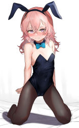 Rule 34 | 1girl, absurdres, animal ears, aqua bow, aqua bowtie, blush, bow, bowtie, breasts, brown pantyhose, cleavage, covered navel, detached collar, fake animal ears, female focus, full body, hair between eyes, half-closed eyes, highres, inui sajuna, kneeling, leotard, looking at viewer, madana (xesa7885), pantyhose, pink hair, playboy bunny, purple eyes, rabbit ears, short hair, simple background, small breasts, solo, sono bisque doll wa koi wo suru, steam, sweat, white background