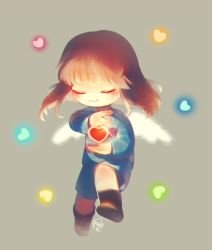 Rule 34 | androgynous, ankle boots, blush, blush stickers, boots, brown footwear, brown hair, closed eyes, frisk (undertale), full body, gender request, glint, glowing, grey background, hanybe, heart, shirt, short hair, shorts, signature, simple background, smile, solo, striped clothes, striped shirt, undertale, white wings, wings