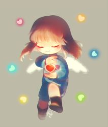 androgynous ankle_boots blush blush_stickers boots brown_footwear brown_hair closed_eyes frisk_(undertale) full_body gender_request glint glowing grey_background hanybe heart shirt short_hair shorts signature simple_background smile solo striped_clothes striped_shirt undertale white_wings wings