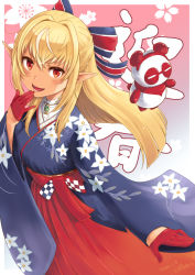 Rule 34 | 1girl, :d, animal costume, blonde hair, blue kimono, blush, bow, cherry blossoms, commentary request, dark-skinned female, dark skin, dated, elf, floral background, floral print, gloves, hair between eyes, hair bow, hair ornament, hakama, hakama skirt, half gloves, hand to own mouth, hand up, highres, hololive, japanese clothes, kimono, kintsuba (shiranui flare), kuboshun, long hair, looking at viewer, official alternate costume, open mouth, panda costume, pointy ears, print kimono, red eyes, red gloves, red hakama, shiranui flare, shiranui flare (new year), signature, skirt, smile, solo, striped, striped bow, text background, v-shaped eyebrows, virtual youtuber