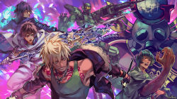 Rule 34 | 4boys, :o, black hair, blonde hair, blue eyes, blue jacket, brown hair, bullet, cape, claws, copyright name, dual wielding, fighting stance, grin, highres, holding, holding polearm, holding spear, holding sword, holding weapon, jacket, jewelry, knife, male focus, mecha, multiple boys, necklace, official art, otani (gloria), polearm, psychic hearts, purple background, robot, shouting, smile, spear, sword, tattoo, veins, weapon, white cape