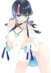 Rule 34 | 1girl, 27-nichi, bare shoulders, black hair, blue eyes, blue ribbon, blush, breasts, collarbone, convenient censoring, dress, fate/grand order, fate/requiem, fate (series), highres, jewelry, large breasts, leaning forward, long sleeves, looking at viewer, magatama, magatama hair ornament, magatama necklace, medium hair, multicolored hair, necklace, nipples, no panties, pelvic curtain, pink hair, puffy long sleeves, puffy sleeves, ribbon, seigaiha, short dress, sideless outfit, solo, streaked hair, thighs, utsumi erice, white dress