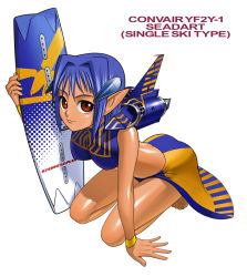 Rule 34 | 1girl, aircraft, airplane, arm support, blue hair, character name, f-7, f2y, janome gochou, jet, kickboard, md5 mismatch, mecha musume, military, original, personification, pointy ears, red eyes, resolution mismatch, sea dart, skirt, solo, source smaller, surfboard