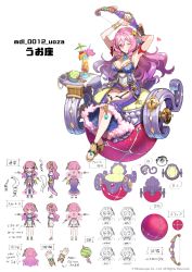 Rule 34 | absurdres, arms up, bow (weapon), character sheet, concept art, copyright notice, drill hair, drill sidelocks, expressions, full body, garter straps, highres, multiple views, official art, one eye closed, pink hair, rolling sphere, sidelocks, simple background, watermark, weapon, white background, yellow eyes