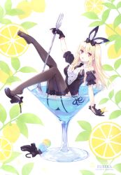 Rule 34 | 1girl, absurdres, animal ears, bare shoulders, black leotard, blonde hair, breasts, buttons, cocktail glass, cup, detached collar, drinking glass, fake animal ears, fake tail, food, frills, fruit, full body, garter straps, gloves, hair ornament, highres, holding, lemon, lemon slice, leotard, long hair, looking at viewer, medium breasts, necktie, open mouth, original, partially submerged, puffy short sleeves, puffy sleeves, rabbit tail, red eyes, ribbon, scan, shoes, short sleeves, sitting, solo, spoon, strapless, strapless leotard, tail, thighhighs, thighs, tsunako, unworn shoes