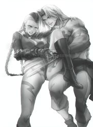Rule 34 | 1boy, 1girl, vega (street fighter), bodypaint, boots, bow, bowtie, braid, braided ponytail, cammy white, capcom, censored, claw, gloves, hat, highres, leg up, leotard, pants, pubic hair, pussy, scar, spykeee, street fighter