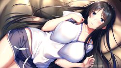 Rule 34 | 1girl, azarashi soft, bed, black hair, blue eyes, blush, boku to kanojo no kojin lesson, breasts, embarrassed, female focus, from above, game cg, groin, hands up, highres, hinazuka ryou, indoors, large breasts, legs, long hair, looking to the side, lying, on bed, parted bangs, pillow, short shorts, shorts, solo, thighs, tsukimori misaki