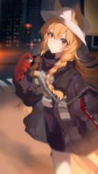 Rule 34 | 1girl, animal ears, arknights, black coat, blurry, braid, bucket hat, building, ceobe (arknights), chain, closed mouth, coat, coin, collared coat, depth of field, dog ears, dog girl, dog tail, ears through headwear, gloves, hat, highres, holding, holding coin, leggings, long hair, long sleeves, looking at viewer, material growth, night, orange eyes, orange hair, oripathy lesion (arknights), outdoors, red gloves, road, skyscraper, solo, sparkle, standing, street, tail, taoer., traffic light, twin braids, white hat, white leggings, window