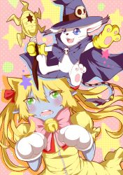 Rule 34 | absurdres, animal ears, cat, cat ears, cosplay, couple, digimon, digimon (creature), gloves, hat, highres, holy ring, jewelry, ring, skull, tail, tailmon, tailmon (cosplay), wizard, wizard hat, wizarmon, wizarmon (cosplay)