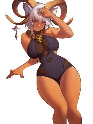 Rule 34 | 1girl, absurdres, animal ears, arknights, bare arms, bare legs, bare shoulders, black one-piece swimsuit, breasts, carnelian (arknights), carnelian (shimmering dew) (arknights), casual one-piece swimsuit, cleavage, commentary, dark-skinned female, dark skin, distr, goat ears, goat girl, goat horns, highres, horn ornament, horns, jewelry, large breasts, looking at viewer, necklace, official alternate costume, one-piece swimsuit, red eyes, see-through, see-through cleavage, short hair, simple background, solo, swimsuit, white background, white hair, wide hips
