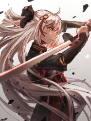Rule 34 | 1girl, ahoge, bad id, bad pixiv id, bow, breasts, cherry blossoms, cleavage, cleavage cutout, clothing cutout, dark-skinned female, dark skin, fate/grand order, fate (series), gradient background, hair bow, hair ornament, highres, holding, holding sword, holding weapon, katana, koha-ace, long hair, looking at viewer, majin saber, mento, okita souji (fate), okita souji (koha-ace), okita souji alter (fate), petals, pink hair, solo, sword, tagme, type-moon, very long hair, weapon