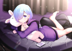 Rule 34 | 1girl, :t, barefoot, black choker, blue hair, blurry, blurry background, blush, cellphone, choker, closed mouth, commentary request, curtains, depth of field, hair over one eye, highres, hood, hood down, hoodie, hugging object, indoors, kitasaya ai, leg up, long hoodie, long sleeves, looking at viewer, lying, on stomach, original, phone, pillow, pout, purple eyes, purple hoodie, short hair, sleeves past wrists, soles, solo, stuffed animal, stuffed rabbit, stuffed toy, virtual youtuber