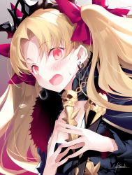 Rule 34 | 1girl, artist name, blonde hair, blush, bow, ereshkigal (fate), fate/grand order, fate (series), fur trim, hair bow, hands up, kousaki rui, long hair, looking at viewer, open mouth, own hands together, purple bow, red eyes, signature, skull, solo, steepled fingers, sweatdrop, tiara, tohsaka rin, two side up