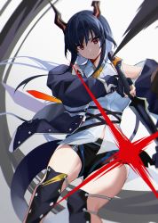 Rule 34 | 1girl, arknights, black legwear, black shorts, blue hair, blue jacket, ch&#039;en (arknights), collared shirt, commentary, cowboy shot, dragon horns, dragon tail, holding, holding sword, holding weapon, horns, jacket, knee guards, long hair, looking at viewer, necktie, open clothes, open jacket, red eyes, shirt, short shorts, shorts, sidelocks, simple background, sleeveless, sleeveless shirt, solo, sword, tail, thighs, weapon, white background, white shirt, wing collar, xiujia yihuizi, yellow necktie
