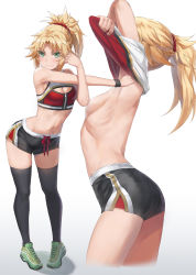 Rule 34 | 1girl, armpits, arms up, black shorts, black thighhighs, blonde hair, blush, braid, breasts, clothes lift, convenient arm, convenient censoring, dolphin shorts, fate/apocrypha, fate (series), french braid, full body, green eyes, grey sports bra, hair ornament, hair scrunchie, highres, long hair, looking at viewer, mordred (fate), mordred (fate/apocrypha), multiple views, navel, parted bangs, pigeon-toed, ponytail, red scrunchie, red shirt, scrunchie, shirt, short shorts, shorts, sidelocks, small breasts, smile, sports bra, sports bra lift, stretching, thighhighs, toned, tonee, two-tone shirt, white shirt