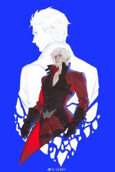 Rule 34 | 2boys, black gloves, blue eyes, coat, collarbone, dante (devil may cry), devil may cry, devil may cry (series), devil may cry 2, facing away, from behind, gloves, hair slicked back, highres, looking back, male focus, multiple boys, muscular, muscular male, popped collar, red coat, sebby1725, standing, vergil (devil may cry), white hair