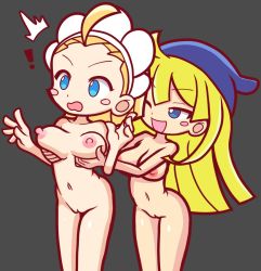 Rule 34 | 2girls, blonde hair, grabbing another&#039;s breast, breasts, cleft of venus, completely nude, furii, grabbing, hat, kikimora (puyopuyo), medium breasts, multiple girls, nipples, nude, pussy, puyopuyo, sega, surprised, uncensored, witch (puyopuyo), witch hat