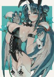 Rule 34 | 1girl, animal ears, animal hands, black bow, black bowtie, black leotard, black ribbon, blue background, blue eyes, blue flower, blue hair, blue skin, blush, border, bow, bowtie, breasts, bright pupils, claws, cleavage, closed mouth, colored skin, double bun, dragon girl, dragon horns, dragon wings, ebimomo, fake animal ears, flower, garter straps, hair bun, hair ribbon, hands up, highleg, highleg leotard, highres, horns, large breasts, leotard, long hair, looking at viewer, monster girl, multicolored skin, original, playboy bunny, rabbit ears, ribbon, side-tie leotard, simple background, single horn, slit pupils, solo, standing, strapless, strapless leotard, thighhighs, white border, white pupils, white thighhighs, wings, wrist cuffs