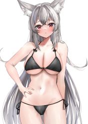 Rule 34 | 1girl, absurdres, animal ear fluff, animal ears, bare arms, bare shoulders, bikini, black bikini, breasts, cleavage, cowboy shot, grey hair, halterneck, hand on own hip, highres, large breasts, long hair, looking at viewer, navel, nemun (tamizzz), original, parted lips, red eyes, side-tie bikini bottom, simple background, solo, stomach, string bikini, swimsuit, thighs, very long hair, white background