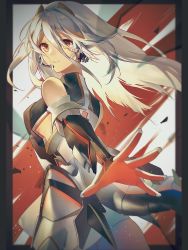Rule 34 | 1girl, border, cyber dragon infinity, detached sleeves, dragon girl, duel monster, hair between eyes, highres, horns, long hair, looking back, mecha musume, microphone, open mouth, orange eyes, outstretched arm, outstretched hand, personification, sleeveless, solo, tail, white hair, yu-gi-oh!, yukleeeee