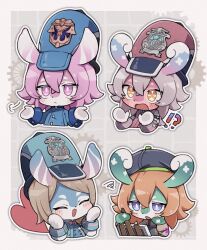 Rule 34 | !?, 4girls, :d, puff of air, ^ ^, aeval (genshin impact), animal ears, apron, aqua bow, aqua bowtie, aqua headwear, aqua jacket, beret, black headwear, blathine (genshin impact), blue apron, blue headwear, blue jacket, blush, blush stickers, border, bow, bowtie, bright pupils, brown hair, buttons, canvas (object), chibi, closed eyes, closed mouth, commentary request, crossed bangs, double-breasted, easel, elphane (genshin impact), expressionless, gears, genshin impact, grey background, grey hair, hair between eyes, hands on own cheeks, hands on own face, hands up, hat, heart, highres, jacket, long sleeves, mamere (genshin impact), medium hair, melusine (genshin impact), mitsui mikan, multiple girls, open mouth, outline, outside border, paint on clothes, paint splatter, parted bangs, peaked cap, pink bow, pink bowtie, pink eyes, pink hair, pink jacket, purple eyes, red headwear, short hair, shrugging, simple background, sleeve cuffs, smile, squiggle, surprised, swept bangs, upper body, white border, white outline, white pupils, yellow eyes