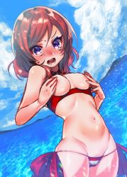 Rule 34 | 1girl, bad id, bad twitter id, bare shoulders, bikini, bikini pull, blue sky, blush, breasts, brown hair, clothes pull, cloud, cosplay, covering nipples, covering privates, cowboy shot, day, embarrassed, fate (series), highres, looking at viewer, love live!, love live! school idol project, medium breasts, mozu 1oo, navel, nero claudius (fate), nero claudius (fate) (all), nero claudius (swimsuit caster) (fate), nero claudius (swimsuit caster) (fate) (cosplay), nishikino maki, ocean, outdoors, purple eyes, red bikini, sky, solo, stomach, striped bikini, striped clothes, summer, swimsuit