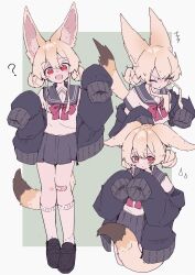 Rule 34 | 1girl, :d, ?, ^^^, absurdres, animal ear fluff, animal ears, bandaid, bandaid on knee, bandaid on leg, black footwear, black jacket, blonde hair, blush stickers, border, closed eyes, closed mouth, commentary request, cropped legs, crying, crying with eyes open, double bun, ears down, fox ears, fox girl, fox tail, full body, green background, grey sailor collar, grey skirt, hair bun, hands up, happy, highres, jacket, loafers, looking at viewer, megateru, multiple views, open clothes, open jacket, open mouth, original, outside border, pleated skirt, red eyes, ribbon, sad, sailor collar, school uniform, serafuku, shirt, shoes, simple background, skirt, sleeves past fingers, sleeves past wrists, smile, sweatdrop, tail, tearing up, tears, very long sleeves, white border, white shirt