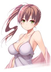 Rule 34 | 1girl, bad id, bad pixiv id, bare shoulders, breasts, cleavage, eyebrows, green eyes, large breasts, long hair, looking at viewer, original, red hair, ribucci, side ponytail, simple background, smile, solo, white background