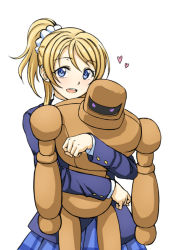 Rule 34 | 10s, 1girl, ayase eli, blazer, blonde hair, blue eyes, hugging doll, heart, jacket, long hair, looking at viewer, love live!, love live! school idol project, hugging object, pas (paxiti), plaid, plaid skirt, ponytail, school uniform, scrunchie, skirt, smile, solo, toy