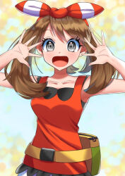 Rule 34 | 1girl, bandana, blue eyes, blush, bow hairband, breasts, brown hair, creatures (company), fanny pack, game freak, grey eyes, hairband, hands up, lex suri12, looking at viewer, may (pokemon), medium breasts, nintendo, open mouth, pokemon, pokemon oras, red bandana, red hairband, red shirt, shirt, short hair, sleeveless, smile, solo, upper body