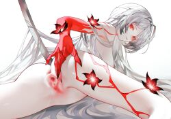 Rule 34 | 1girl, acheron (honkai: star rail), anus, ass, body markings, breasts, closed mouth, colored extremities, commentary request, completely nude, feet out of frame, flower, glowing, glowing eyes, highres, honkai: star rail, honkai (series), iumu, large breasts, long hair, looking at viewer, lying, nude, official alternate color, on stomach, paid reward available, planted, planted sword, planted weapon, pussy, pussy juice, red eyes, red flower, red hands, solo, spread pussy, sword, very long hair, weapon, white background, white hair