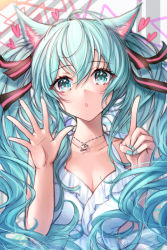 Rule 34 | 1girl, :o, absurdres, ahoge, animal ears, aqua eyes, aqua hair, aqua nails, blush, breasts, cat ears, cleavage, collarbone, commentary request, dress, fingernails, frilled dress, frills, hatsune miku, heart, heart necklace, highres, index finger raised, kemonomimi mode, long fingernails, long hair, looking at viewer, medium breasts, mirukurim, nail polish, necklace, open mouth, sleeveless, sleeveless dress, solo, twintails, upper body, very long hair, vocaloid, white dress