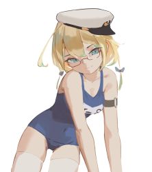 Rule 34 | 1girl, absurdres, acccty, blonde hair, glasses, green eyes, hat, highres, i-8 (kancolle), kantai collection, long hair, looking at viewer, low twintails, name tag, peaked cap, red-framed eyewear, school swimsuit, simple background, sitting, solo, swimsuit, thighhighs, twintails, white background, white hat, white thighhighs, yokozuwari